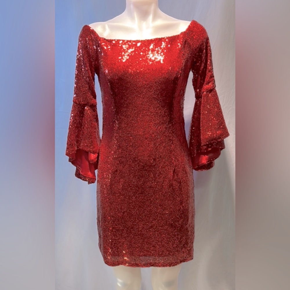 Radiant Red Sequin Bodycon Dress with Bateau Neckline